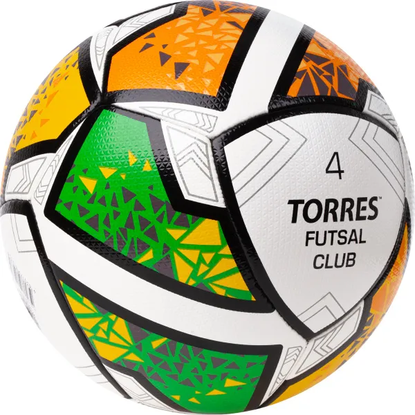 Мяч футзал. TORRES Futsal Club, FS323764, р.4, 10 пан. ПУ, 4 под. сл, гибрид. сш. бело-зел-оранж за 2&nbsp;264.40 ₽ в Сочи
